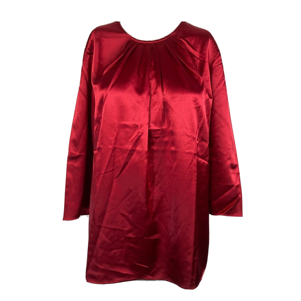 NWT Susan Graver Shirt Womens Sz Medium Red Satin‎ Pleated Blouse 3/4 Sleeve